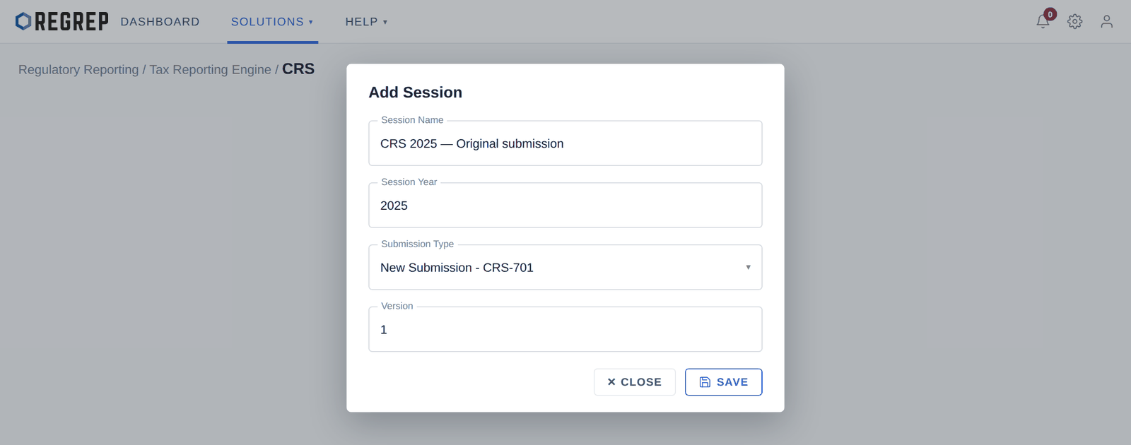 Add Session, configured as an original submission