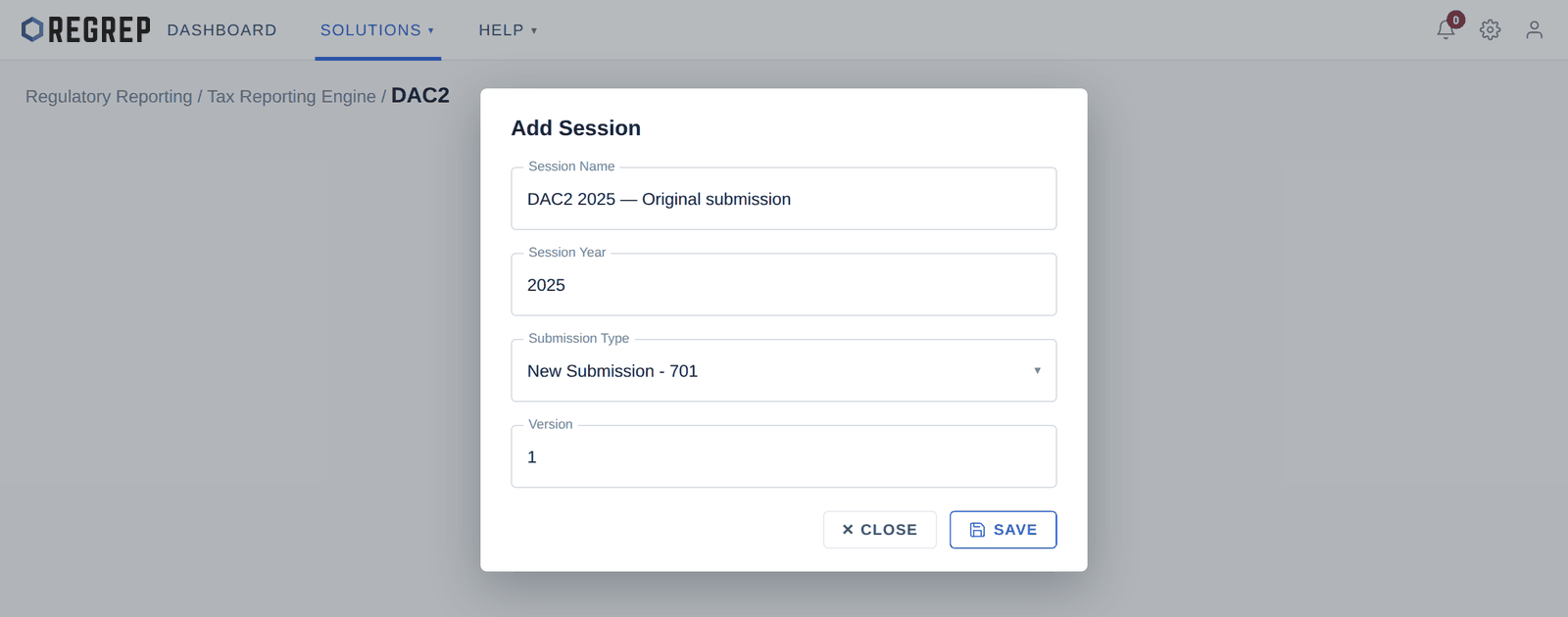 Add Session, configured as an original submission