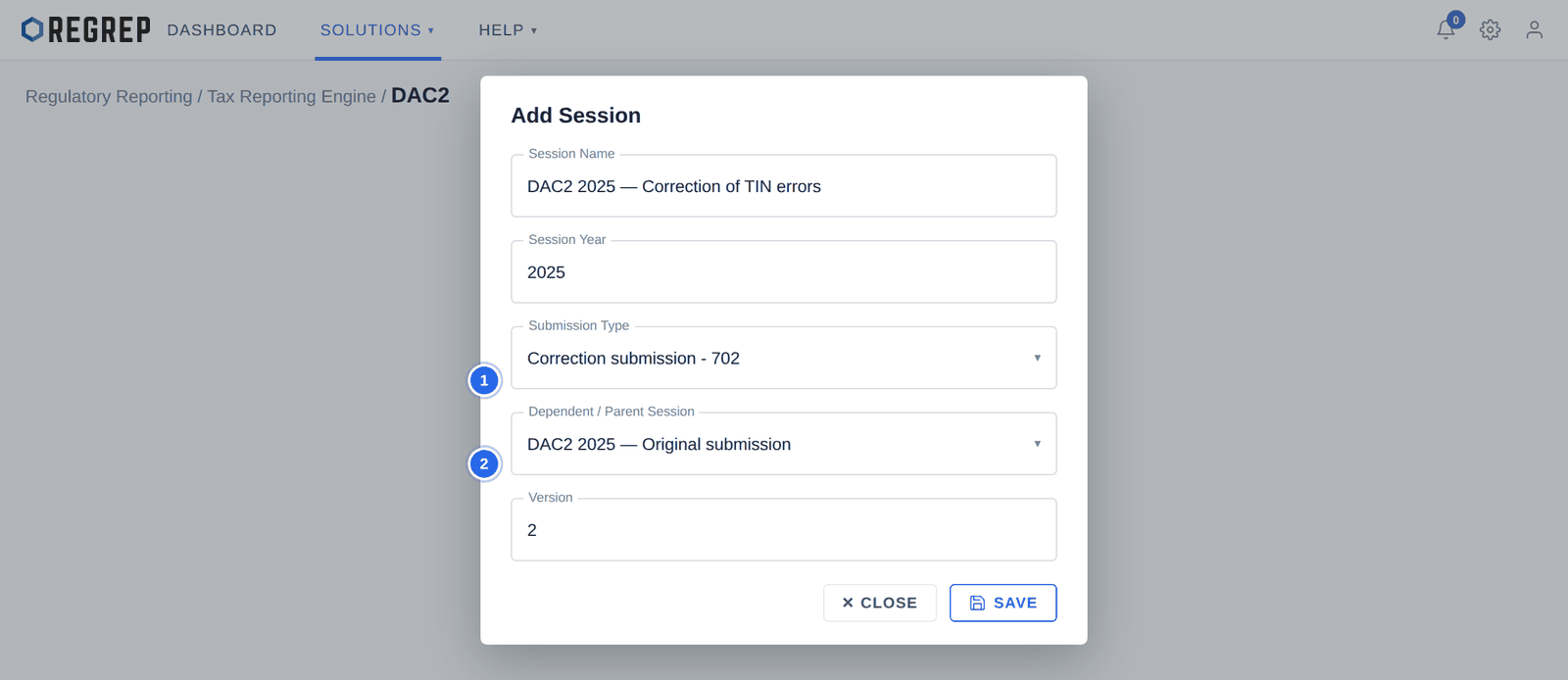 Add Session, configured as a correction