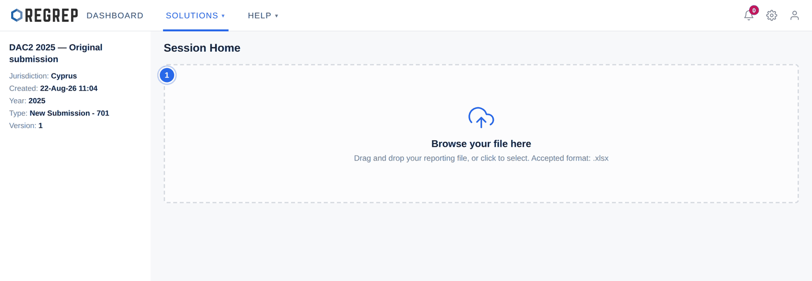 The upload screen for a new session