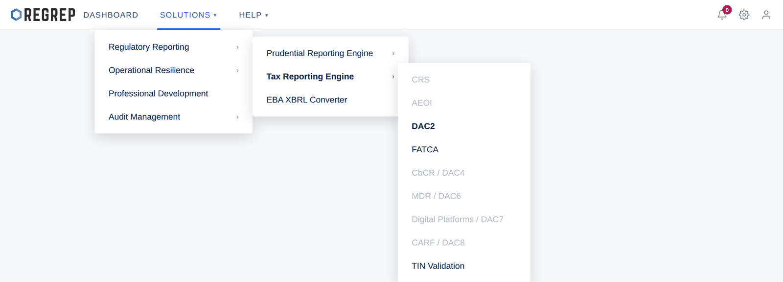 The Tax Reporting Engine. Greyed entries are not enabled for this firm