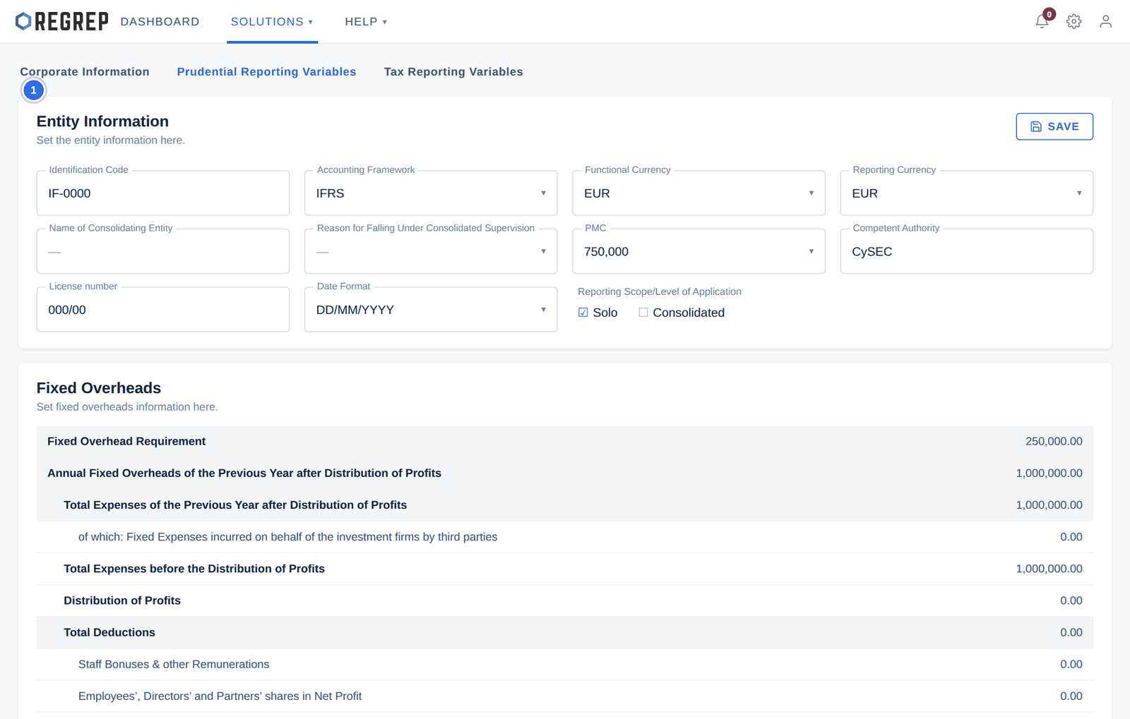 Settings → Prudential Reporting Variables, showing Entity Information and the start of Fixed Overheads