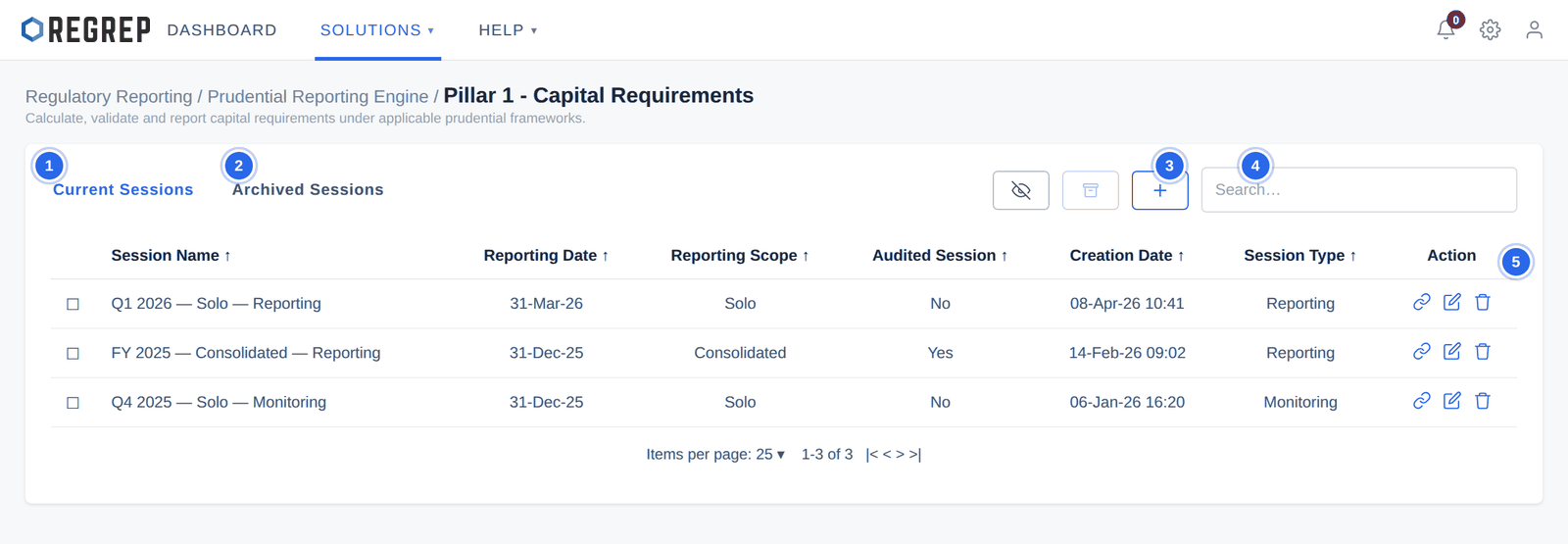 A module session list, using Pillar 1 as the example